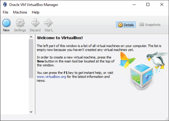 Screenshot of Oracle VM VirtualBox Manager displaying a welcome message describing the parts of its window.