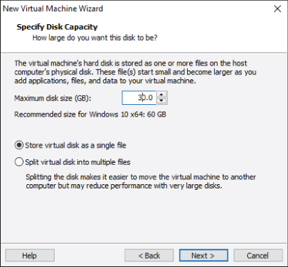 Screenshot of New Virtual Machine Wizard dialog box with Specify Disk Capacity options: maximum disk size, store virtual disk as a single file, or split virtual disk into multiple files.