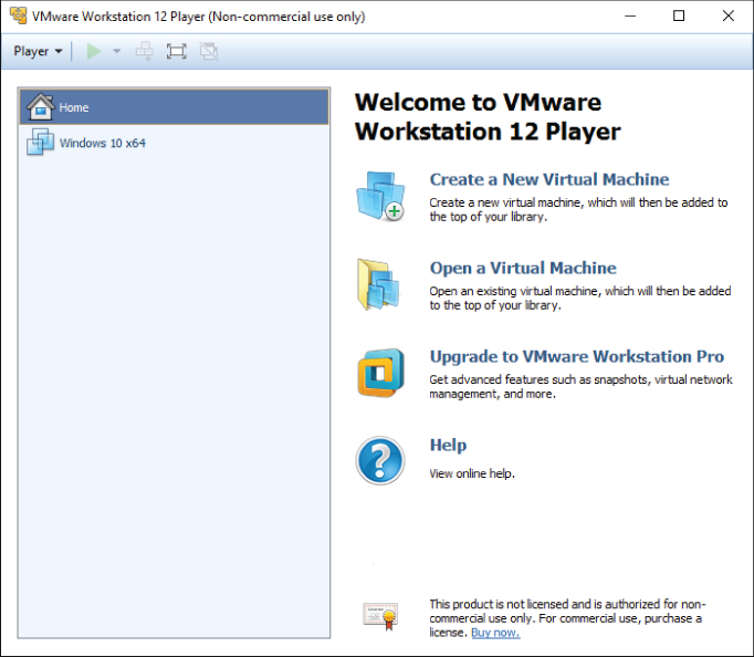 Screenshot of VMware Workstation 12 Player window displaying options: Create a New Virtual Machine, Open a Virtual Machine, Upgrade to VMware Workstation Pro, and Help.