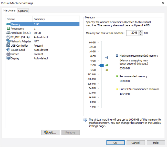 Screenshot of Virtual Machine Settings dialog box with the summary of devices with item Memory highlighted (left panel) and a meter of different memory available (right panel). 2GB is selected.