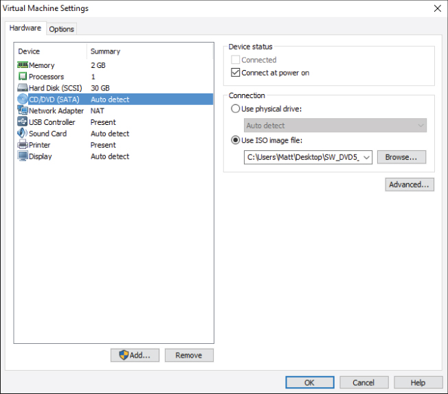 Screenshot of Virtual Machine Settings dialog box with the summary of devices with item CD/DVD (SATA) highlighted (left panel) and device status and connection (right panel).