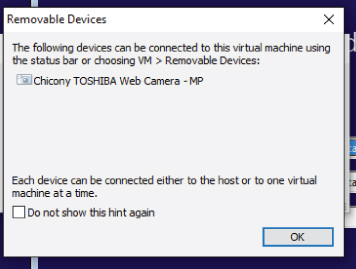 Screenshot of Removable Devices window, listing devices that can be connected to the virtual machine using the status bar.
