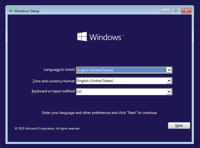 Screenshot of Windows Setup screen, displaying drop-down fields for Language to install, Time and currency format, and Keyboard or input method.