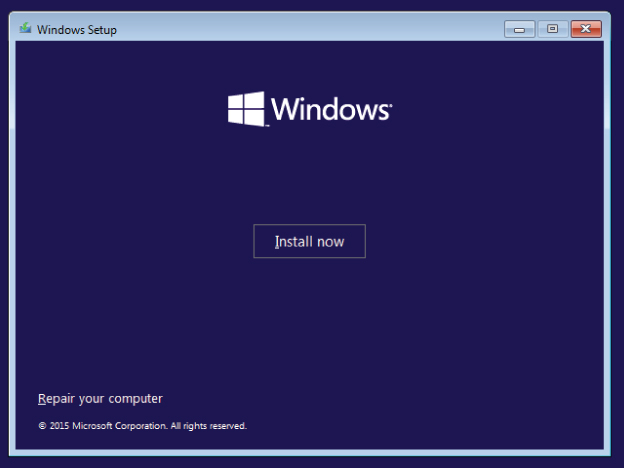 Screenshot of Windows Setup screen, displaying Install Now button.