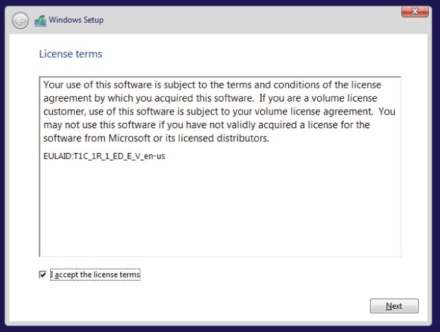 Screenshot of Windows Setup screen, displaying the license terms.