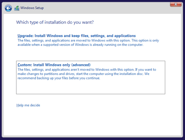 Screenshot of Windows Setup screen, displaying types of installation: Upgrade or Custom.