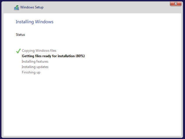 Screenshot of Windows Setup screen, displaying progress status, from Copying Windows files, Getting files ready for installation, Installing features, Installing updates, and Finishing up.