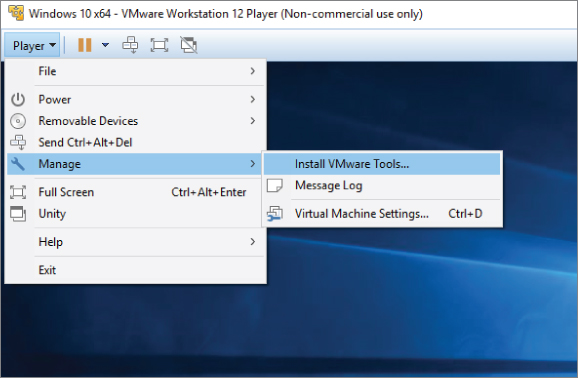 Screenshot of Windows 10x64 - VMware Workstation 12 Player displaying cascaded Player menu with option Install VMware Tools under Manage drop-down menu.