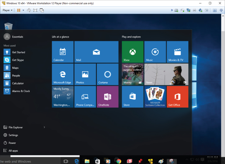 Screenshot of Windows 10x64 - VMware Workstation 12 Player displaying its home screen.