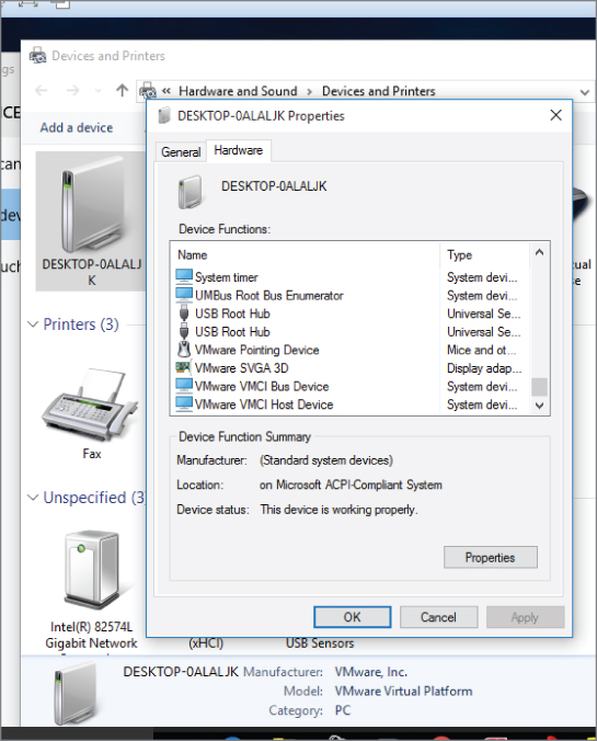 Screenshot of the Properties dialog box of a selected device listing its functions, manufacturer, location, and status.