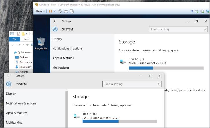 Screenshot of overlapping Settings windows comparing the disk sizes of Drive C:, 9.60 GB used out of 29.9 GB and 226 GB used out of 465 GB.