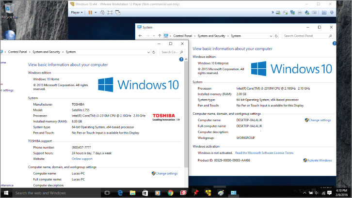 Screenshot of overlapping System windows comparing the basic information of Windows 10 Home (left) and Windows 10 Enterprise (right).