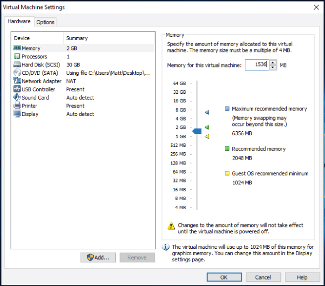 Screenshot of Virtual Machine Settings dialog box with the summary of devices with item Memory highlighted (left panel) and a meter of different memory available (right panel). The bar is set between 1 GB and 2 GB.