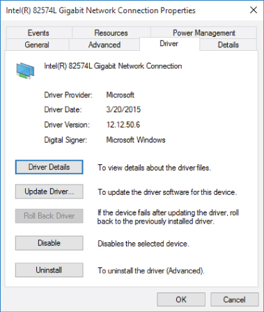 Screen capture of the Intel© 82574L Gigabit Network Connection Properties box with the Driver tab open. It displays buttons for driver details, update driver, roll back driver, disable, and uninstall.