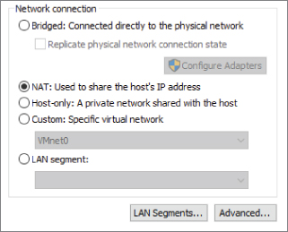 Screen capture of Network connectionbox with the NAT: Used to share the host's IP address option selected.
