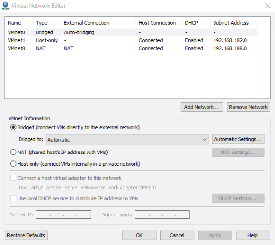 Screen capture of the Virtual Network Editor window. It features the VMnet information with the Bridged (connect VMs directly to the external network) option selected.