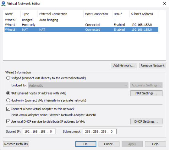 Screen capture of the Virtual Network Editor window. It features the VMnet information with the NAT (shared host's IP address with VMs)option selected.