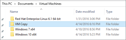 Screen capture of a directory in Drive C: for the folder Virtual Machines displaying the folders for each of the virtual machines that are already created. The VM Copy folder is highlighted.