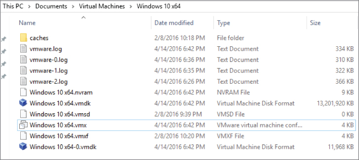 Screen capture of a directory in Drive C: for the selected file Windows 10x64 under the folder Virtual Machines.