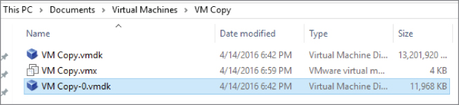 Screen capture of a directory in Drive C: for the selected folder VM Copy under the folder Virtual Machines. The file VM Copy-0.vmdk is highlighted.