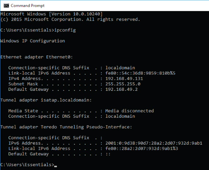 Screen capture of the Command Prompt window depicting the examining of the network configuration.