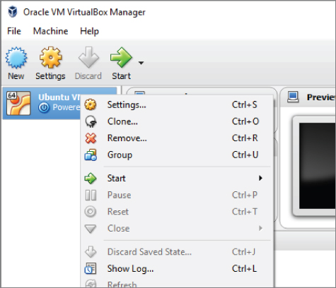 Screen capture of a portion of the Oracle VM VirtualBox Manager window. It features the drop-down list for the machine menu.