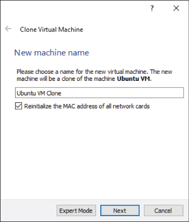Screen capture of the New machine name dialog box. The option to reinitialize the MAC address of all network cards has been selected.