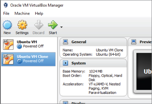 Screen capture of a portion of the Oracle VM VirtualBox Manager window. It features the completed virtual machine clone of the Ubuntu VM on list panel.