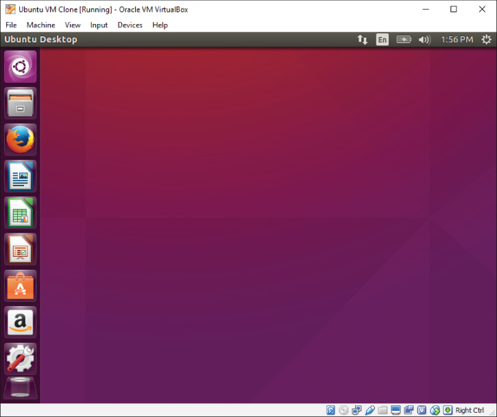 Screen capture of the Ubuntu Desktop display as rendered by the virtual machine clone.