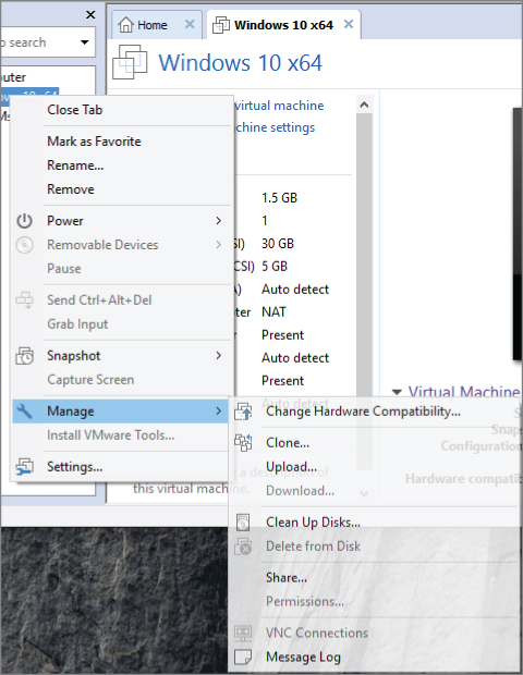 Screen capture of an open Windows 10x64 tab with a drop-down list overlaid, displaying a highlighted Manage option leading to another drop-down list.