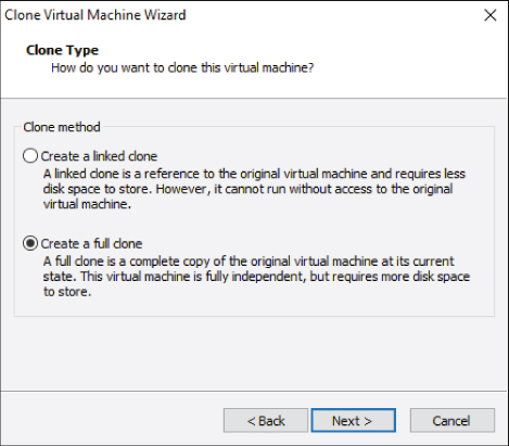 Screen capture of the Clone Virtual Machine Wizard dialog box displaying the clone method panel with the Create a full clone option selected.