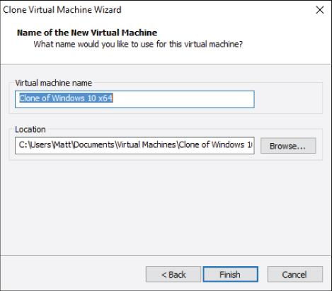 Screen capture of the Clone Virtual Machine Wizard dialog box displaying the virtual machine name panel with location.