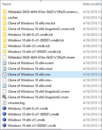 Screen capture of a list of data files with the Clone of Windows 10x64.vmx highlighted.