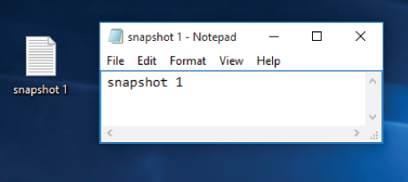 Screen capture of the Notepad application window with the words snapshot 1 written in the textbox.