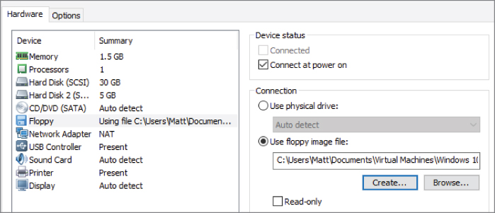 Screen capture of a portion of the Virtual Machine Settings window, with the Hardware tab open. The Use floppy image file option is selected in the Connection panel.