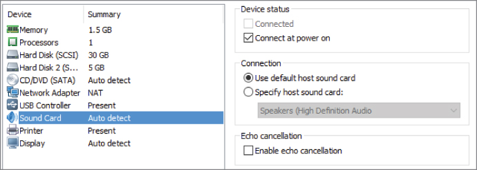 Screen capture of a portion of the Virtual Machine Settings window, with the Hardware tab open. The Use default host sound card option is selected in the connection panel.