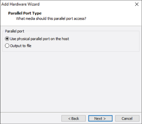 Screen capture of the Add Hardware Wizard dialog box displaying the Parallel Port panel with the Use physical parallel port on the host option selected.