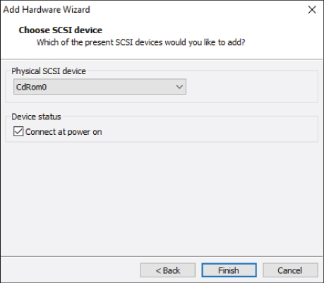 Screen capture of the Add Hardware Wizard dialog box displaying the Physical SCSI Device panel and the Device Status panel.