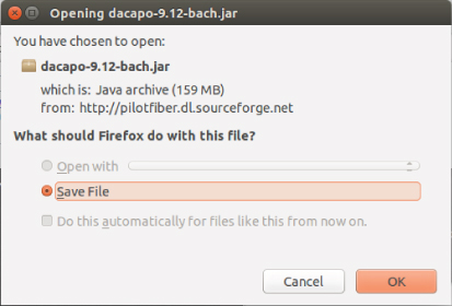 Screen capture of the Opening decapo-9.12-bach.jar dialog box. The Save File option has been selected.