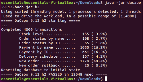 Screen capture of an essentials-virtualbox running an in-memory benchmark test.