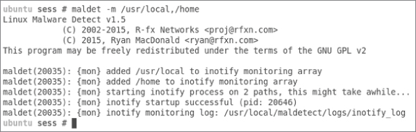 Display of the output when LMD starts monitoring two filesystem partitions with inotify enabled.