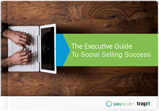 A screenshot image of Sales for Life depicting two human hands working on a laptop. The image reads “the executive guide to social selling success.”