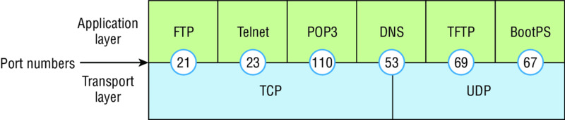 Diagram shows TCP uses port numbers 21 for FTP, 23 for Telnet and 110 for POP3, UDP uses 69 for TFTP and 67 for BootPS and both TCP and UDP use 53 for DNS.