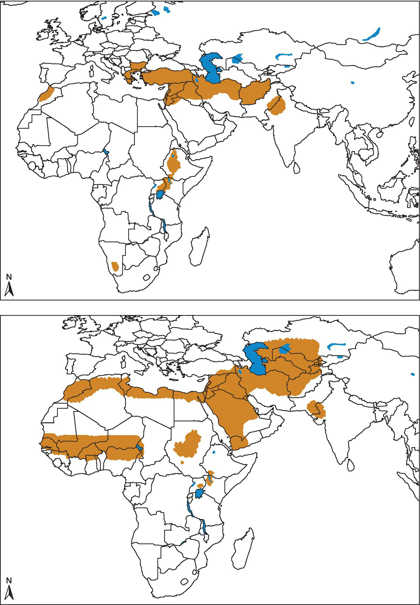 Two maps with shaded regions, illustrating the geographical distribution of Old World cutaneous due to L. tropica and related species and L. aethiopica (top) and due to L. major (bottom).