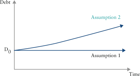 Schematic of the debt patterns after the plan horizon forecast plotted on time vs. debt plane depicted by a rightward arrow for assumption 1 and a slightly inclined arrow for assumption 2 with a common endpoint, D0.