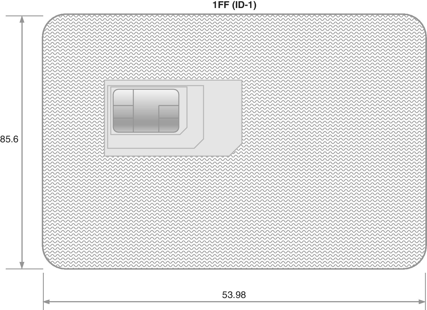 Illustration of the 1FF of SIM card labeled ID‐1, with length of 85.6 mm and width of 53.98 mm.