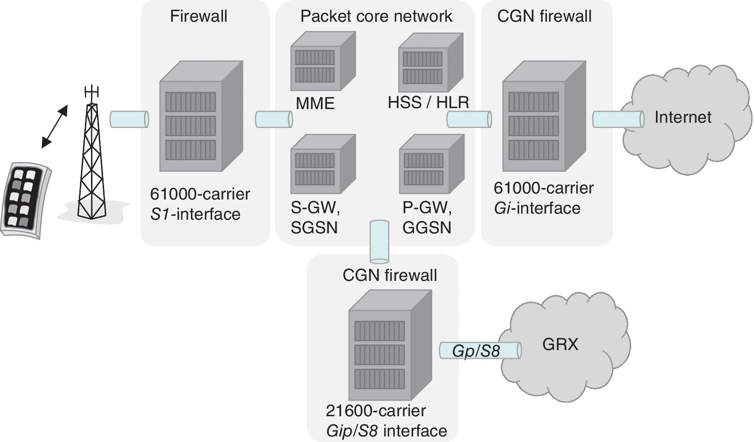 Network diagram illustrating an example of Check Point protecting roaming networks. It features the firewall, packet core network, CGN firewall connected to the Internet, and another CGN firewall connected to GRX.