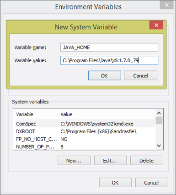 Display of Java Environment Variables setup for Windows 10 64-bit screen.