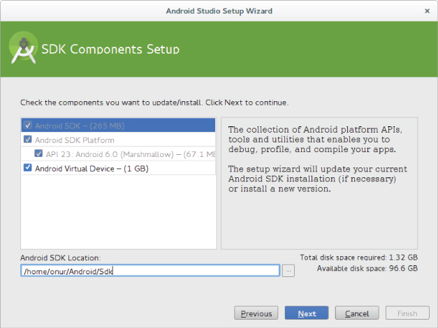 Display of Android SDK configuration on Linux window.