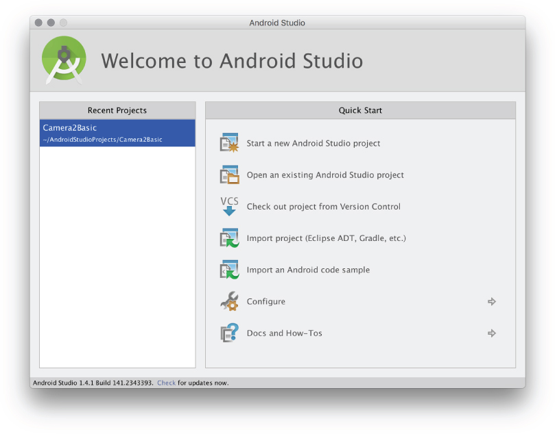 Screenshot of Android Studio Welcome window.